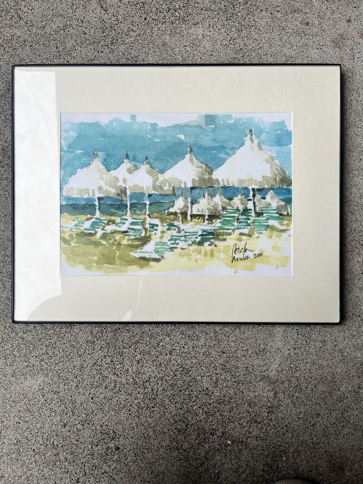 Vintage Watercolor Painting Tropical Beach Seascape Scene signed 1992-Framed