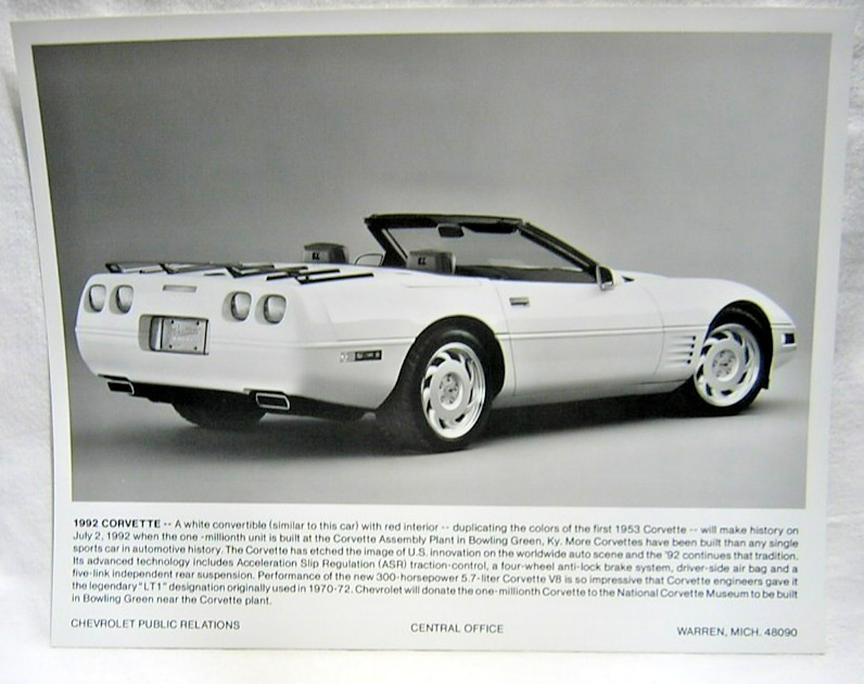 1992 White Corvette Convertible w/Specifications  8x10 Photo from Central Office
