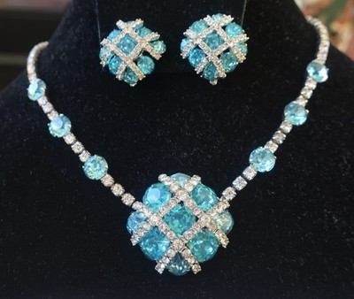 Vivid Signed Kramer of New York Necklace & Earrings Set Aqua Clear Rhinestone