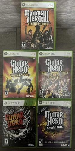 Lot of 5 Xbox 360 Guitar Hero III, World Tour + Aerosmith + W.O.R + Smash Hits