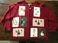 VTG Croft  Barrow Women's Christmas Red Applique Embroidered Cardigan Large