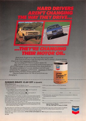 1986 Chevron Custom Motor Oil Vintage Print Ad - Hard Drivers, 4x4, Rebate Offer