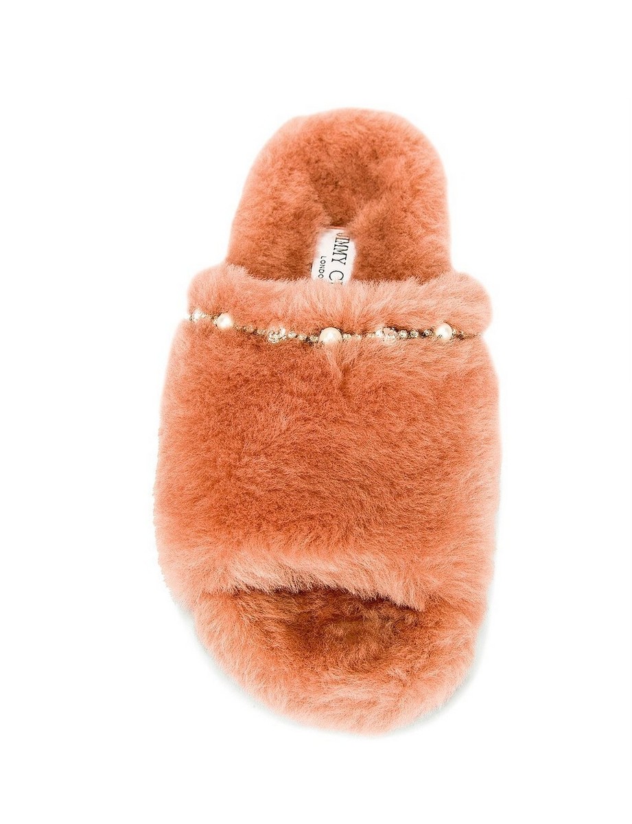 Jimmy Choo Acinda Shearling Flat Slippers Blush Crystal and