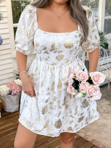 2025 Plus Size Floral Bubble Sleeve Beach Dress Vacation(691)