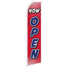 "NOW OPEN" advertising super flag swooper banner business sign red white welcome
