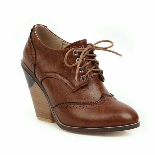 Womens Lace Up Oxfords Wingtip Brogues Block High Heels Pumps Shoes - Picture 21 of 21