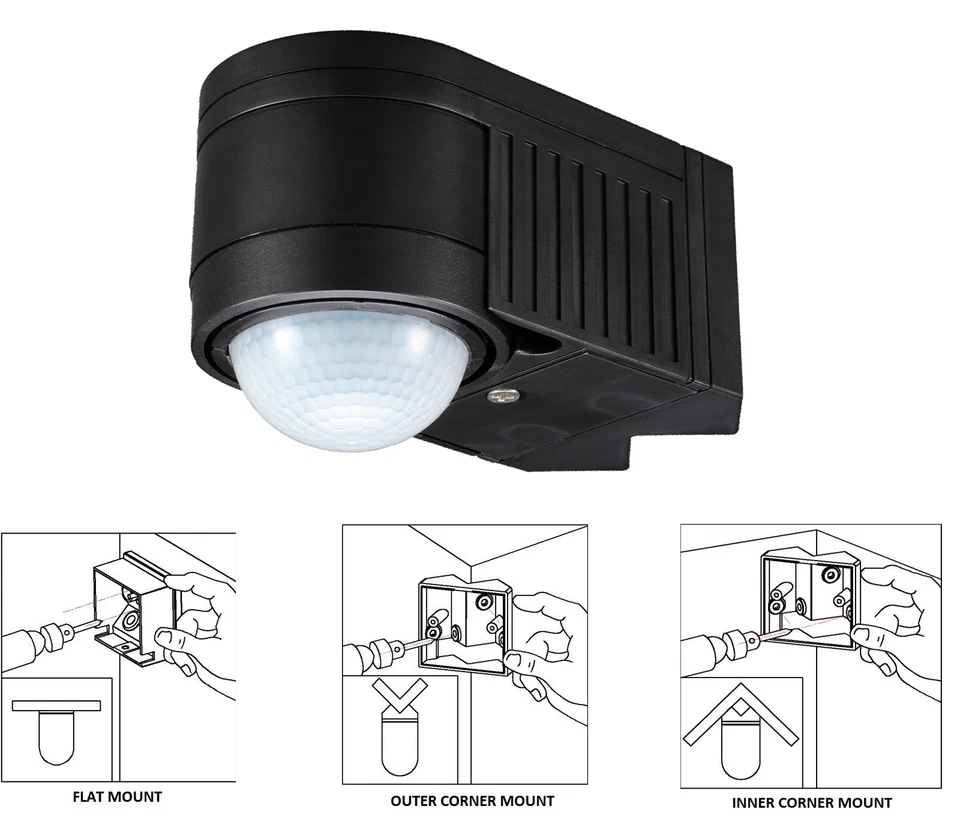 360° PIR Motion Sensor Black Outdoor IP44 3in1 Inner Corner Wall Mount Detector - Image 4 of 4