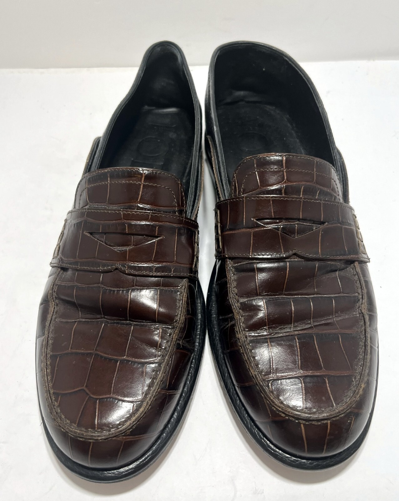 LOEWE MEN'S CROC-EFFECT BROWN LEATHER LOAFERS, 42, $970 - Picture 4 of 11