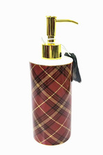 NEW HAPPY HOLIDAYS WHITE,RED,BLACK CHECKER SOAP DISPENSER,SHINY GOLD PUMP