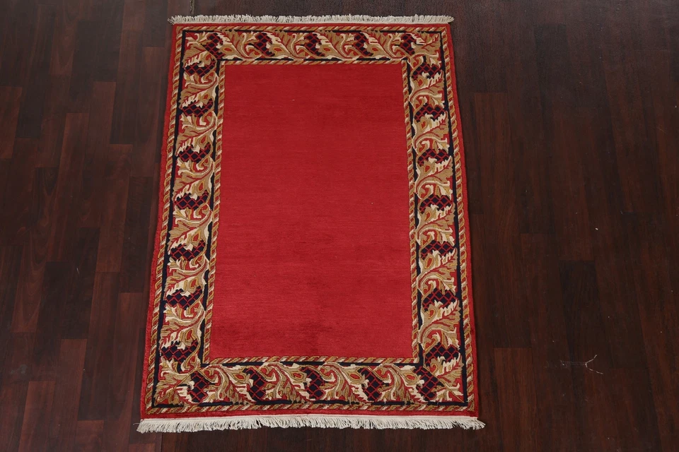 RED Bordered Nepal Tibetan Oriental Area Rug Hand-knotted Wool Foyer 4x5 Carpet - Image 2 of 4