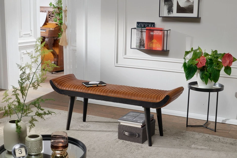 Banco de asiento FineBuy cuero auténtico / banco tapizado de madera 125x51x38 cm banco de cama banco de pasillo - Imagen 2 de 4