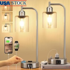 Industrial Table Lamps Set of 2 Dimmable USB Ports Nightstand LED Bulbs