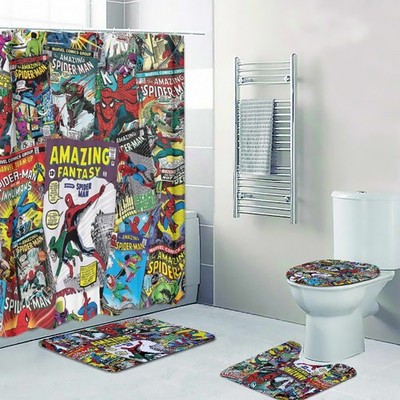 New! The Amazing Spider-Man Print Shower Curtain Bath Math Toilet Lid Cover Mat