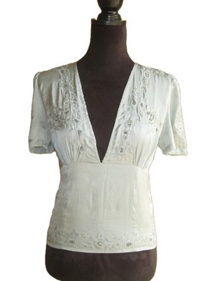 Free people dusty blue satin embroidered smocked V neck short sleeve blouse S/P