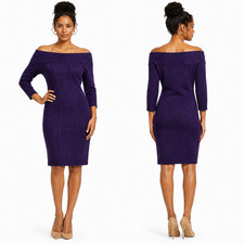 NY & Company Purple Off Shoulder Sweater Dress Large Cable Knit 3/4 Sleeve Knee