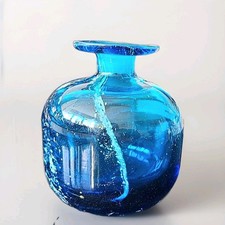 Vintage Mdina Glass Bottle Vase Signed Azure Blue Turquoise Malta Art Gass.