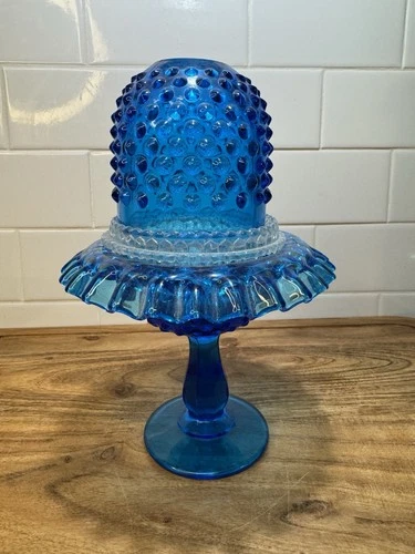 Fenton Blue Hobnail Fairy Lamp Compote w Dome Ruffled Pedestal 9”