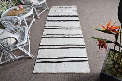 Turkish Vintage Runner Rug 2,8x7,7 ft, Kilim White Wool Rug