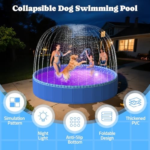 Foldable Dog Pool with Sprinkler RGB LED Light, 94" Collapsible Hard Plastic - Picture 7 of 8