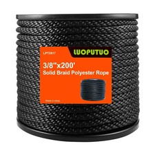 3/8 INCH 200 FT Black Polyester Solid Braid Rope-Industrial Grade Low Stretch