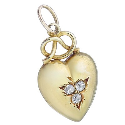 Heart pendant old cut diamonds 625s/15 carat yellow gold antique circa 1890 Z...