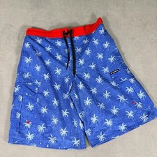 AIRWALK Men  s Blue/Red Palm Tree Swim Shorts/Trunks - Size M Elastic Waist Cargo