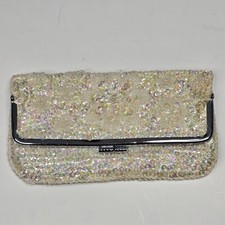 Vintage Sequin  Beaded Clutch White Iridescent Floral Evening Cocktail Wedding