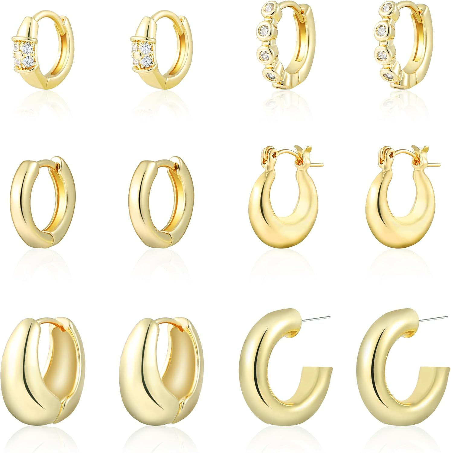 6-Piece 14K Gold Plated Huggie Hoop Earrings Set for Women