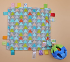 Taggies Reversible Baby Security Blanket Lovey 12 Colorful Tags AND Rattle Toy