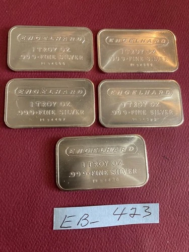 5 ENGELHARD 1 OZ. .999 FINE SILVER BARS