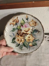 VTG Decorative Porcelain Plate Hand Painted Yellow/Pink Roses Artist Signed 8.5"