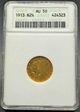 1913 $2 1/2 LIBERTY GOLD QUARTER EAGLE ANACS OLD SOAPBOX AU50 09EED25