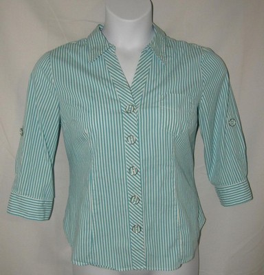 LIZ & CO Blue & White Striped Sz XL Petite Button Up 3/4 Roll Tab Sleeve Shirt