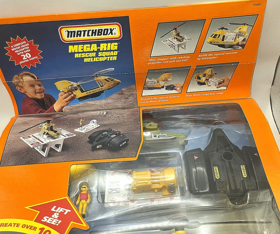Helicóptero Matchbox Mega-Rig Rescue Squad #15440 caja sellada 1997 ruedas Mattel Foto 3 de 4