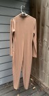 Women’s Beige Solid Knit Spandex Long Sleeve Full-Zip Front Unitard Leotard — photo 2