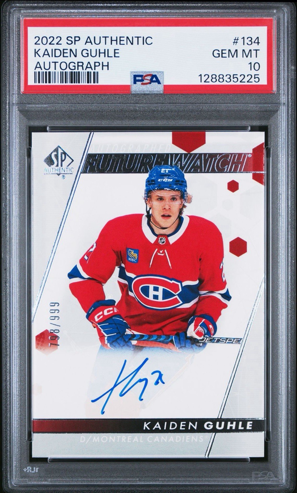 Kaiden Guhle 2022 SP Authentic Future Watch Autograph /999 PSA 10 Rookie Auto RC