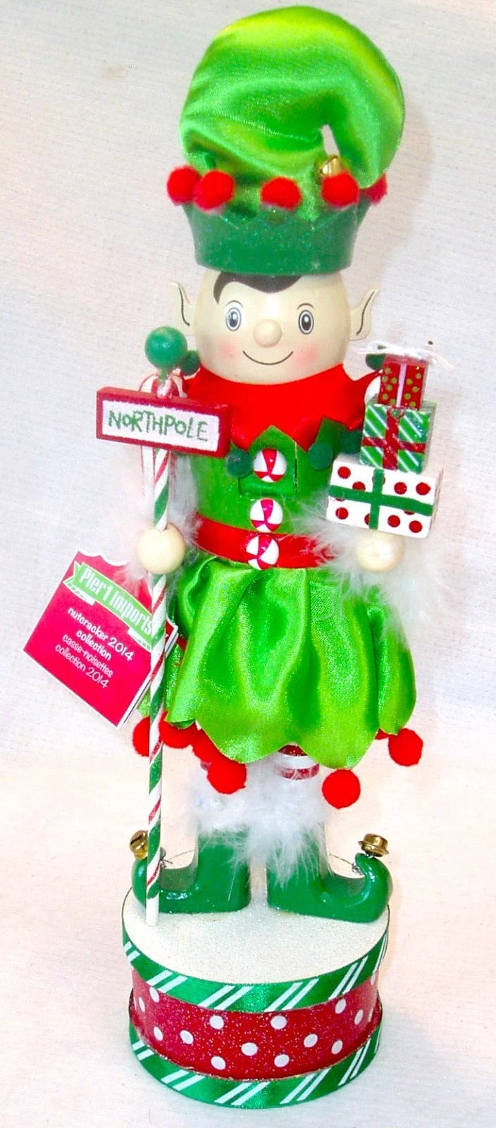 NWT PIER 1 IMPORTS 14" Tall 2014 COLLECTION WOODEN ELF NUTCRACKER w/Jingle Bells
