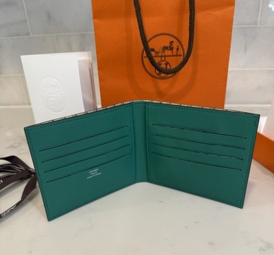 New Rare Hermes Mens Bifold Wallet Green Pfeuil Citizen Twill W/ Box And Bag Ect