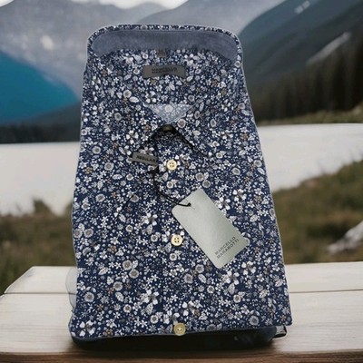 Kurzarm Hemd MARCELLO MARABOTTI Gr L 41/42 Blau Floral Kentkragen Regular Fit