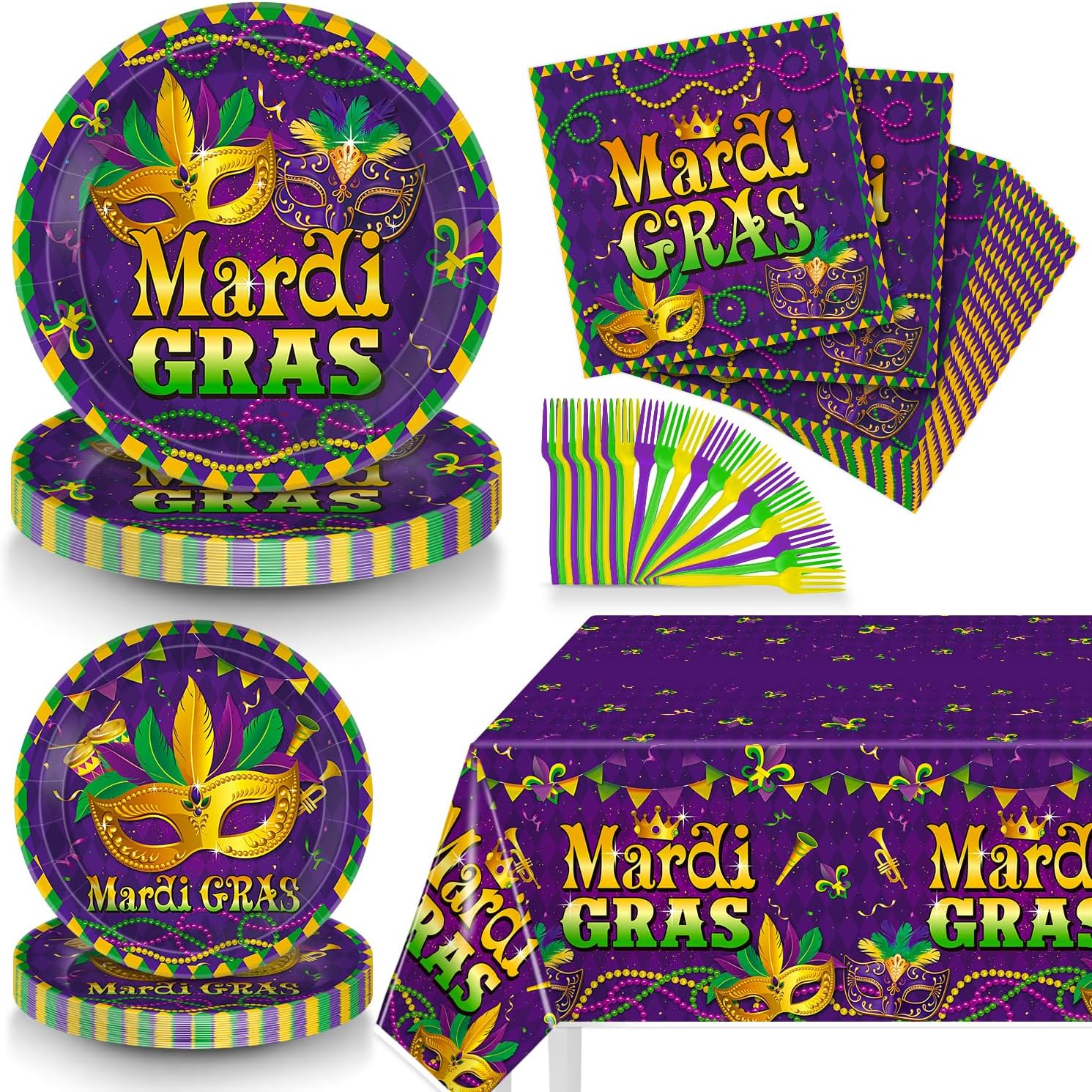 98 Pcs Mardi Gras Party Supplies, Mardi Gras Plates and Napkins Set Includes Mar