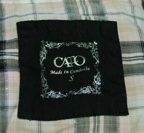 CATO Cotton Plaid Collared V Neck 3/4 Roll Tab Sleeves Button Shirt Blouse Small - Picture 3 of 3