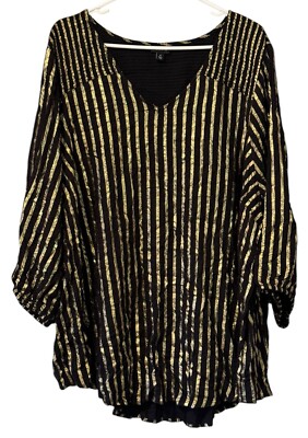 Torrid Size 4 Shirt Tunic Top Black Gold Glittery V Neck Stretch Shiny Artsy
