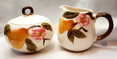 Pear Sugar Bowl & Creamer Laguna S-1513 Japan Branch Handles White Yellow Pink 4