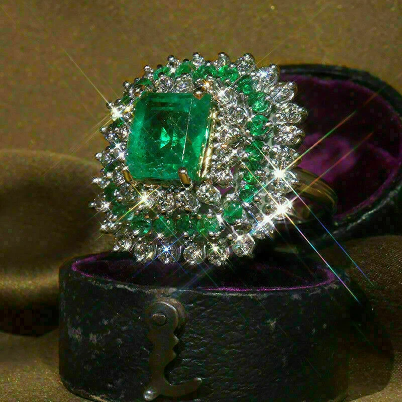 4 Kt Smaragd Grün Diamant Verlobungsring Hochzeit Ring Gelbgold-Finish Silber - Bild 2 von 4