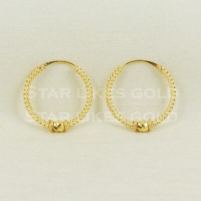 Solid 18K Yellow Gold Bali Hoop Earrings Textured Diamond Cut Stardust Jewelry