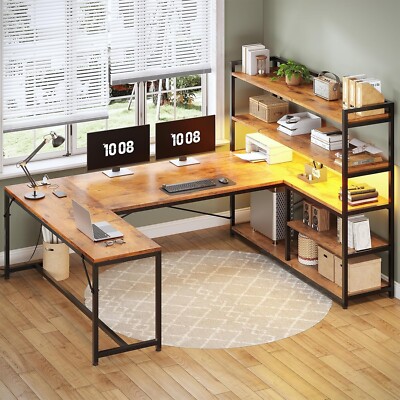 L Shaped Computer Desk, 63'' Reversible Office Desk w/Storage Shelves &LED Lights