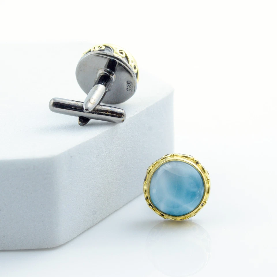 Gemelos redondos de piedras preciosas naturales Larimar enchapados en oro de plata de ley 925 joyas Foto 2 de 4