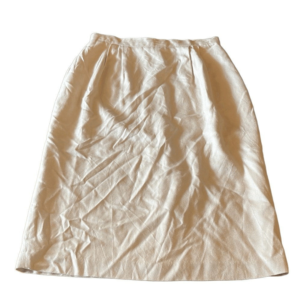Glenbrooke Vintage 14 Cream Herringbone Pleated Midi Pencil Skirt Lined Secretary Style