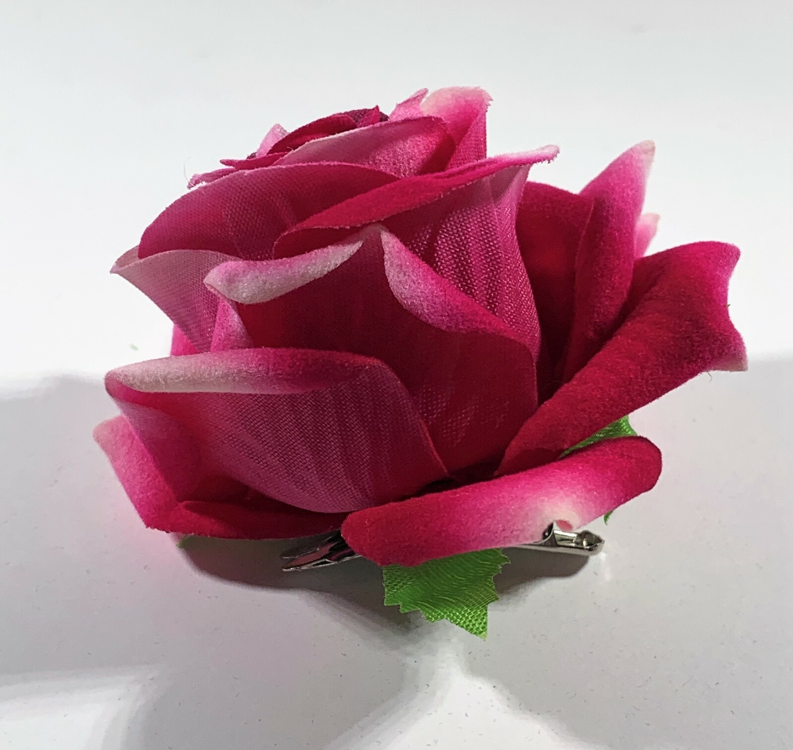 SMALL 3" Pink & White Velvet Rose Silk Flower Hair Clip Wedding Party