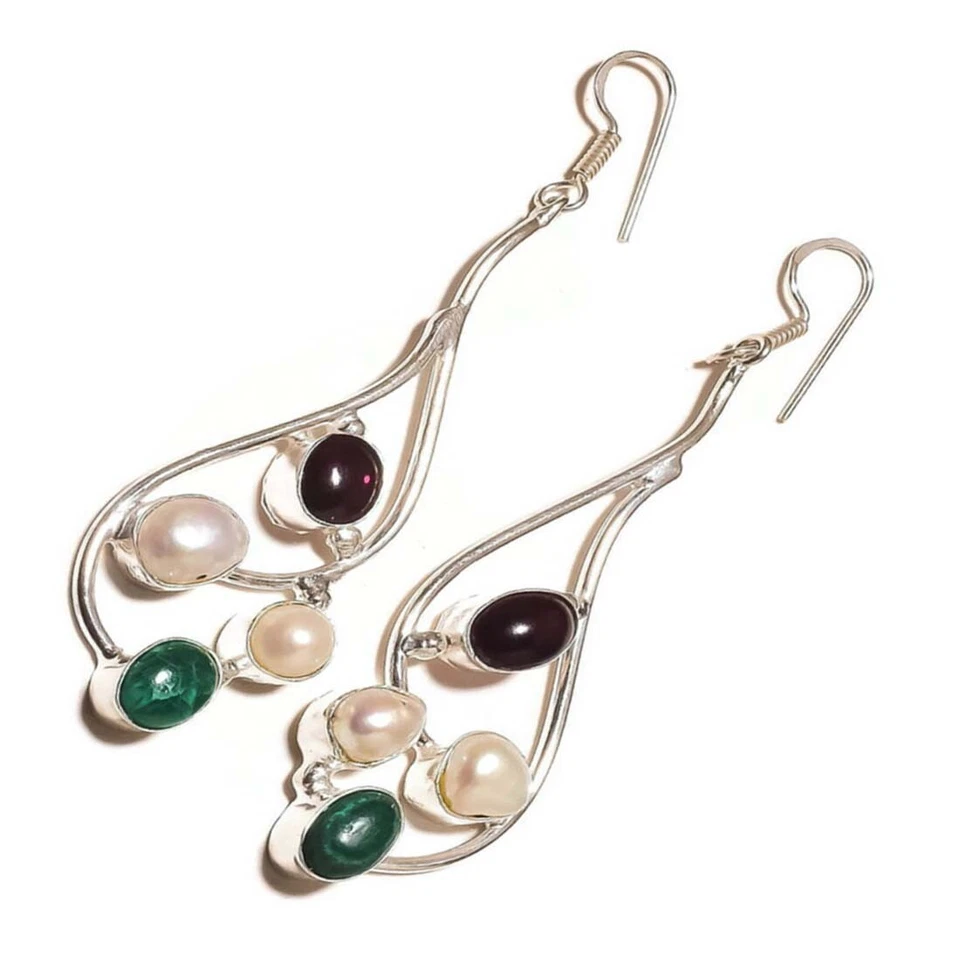 Висячие серьги ручной работы с голубым аметистом, малахитом, жемчугом бива - Изображение 3 из 3